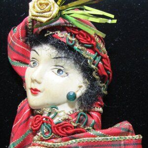 Lady Face Brooch Pin Fancy Hat Scarf Iridescent Plaid Vintage marked HRH 3.5"